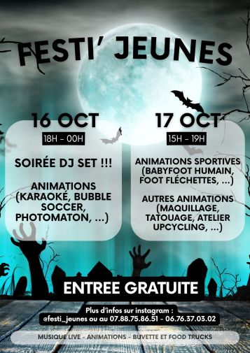 Affiche pour l'événement Festi'Jeunes les 16 et 17 octobre à la Confluence. A partir de 10 ans. Entrée gratuite. Plus d'informations au 07 88 75 86 51 ou 06 76 37 03 02.